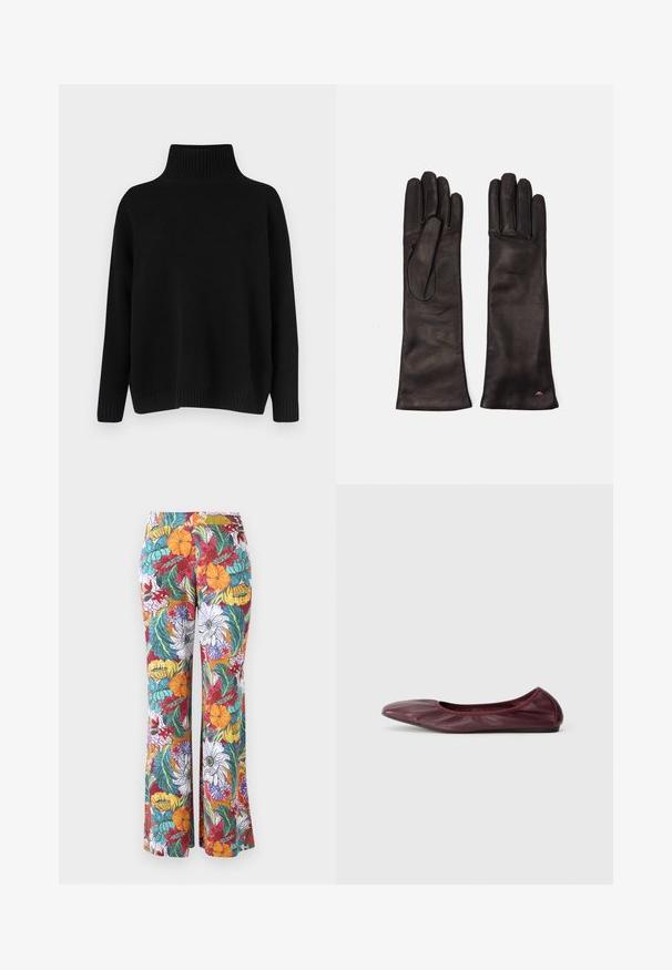 Svart strikket genser med høy ribbestrikket krage, senkede skuldre og en avslappet passform. Har ribbestrikkede mansjetter og kant for tekstur.; Flared bukser med et flerfarvet blomstermønster, der har orange, lilla og teal blomster samt grønne blade på en hvid baggrund.; Balletsko i dyp burgunder lær, med avrundet tå, elastisk kant og glatt tekstur med subtile folder.; Weekend Max Mara SENAPE - Hansker - nero