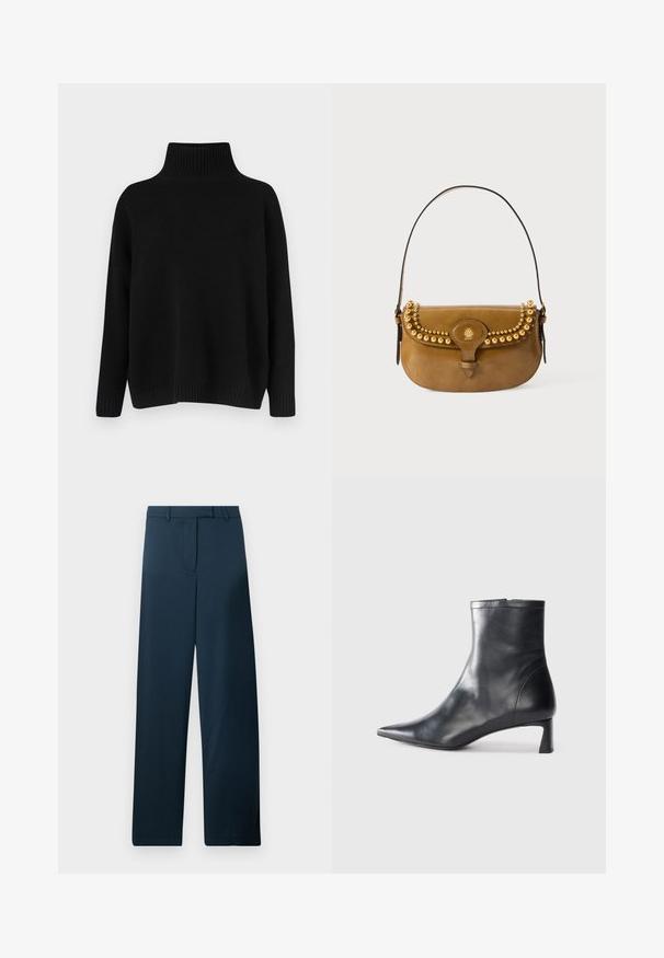 Čierny pletený sveter s vysokým žebrovaným golierom, spustenými ramenami a voľným strihom. Má žebrované manžety a lem pre textúru.; Tmavomodré nohavice širokého strihu s hladkou textúrou, plochým predným dielom a pútkami na opasok. Dispozícia minimalizmu bez viditeľných vzorov či akcentov.; Čierne kožené členkové topánky s špicatou špičkou a elegantným dizajnom. Majú nízky podpätok a zips na zadnej strane. Hladká textúra.; Hnedá kožená kabelka s krivkovým tvarom, s pozlátenými kovanými ozdobami pozdĺž hornej časti, krátkym popruhom a prackovým uzáverom.