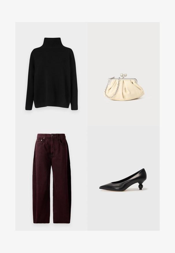 Black knitted sweater with a high ribbed collar, dropped shoulders, and a relaxed fit. Features ribbed cuffs and hem for texture.; Burgundy wide-leg jeans in cotton denim, featuring a high waist, front pockets, and visible stitching. Classic five-pocket design.; Black leather high heel shoe with a pointed toe and a round, balled heel. Smooth texture with a sleek, minimal design.; Pleated beige leather clutch with a silver metal frame, featuring two round decorative clasps and a silver chain strap.