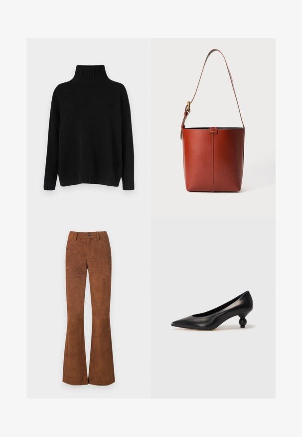 Fekete kötött pulóver magas bordázott gallérral, alacsony vállvonallal és laza szabással. Bordázott mandzsettákkal és szegéllyel rendelkezik a textúra érdekében.; Barna, bővülő szárú nadrág, amely suédéhez hasonló anyagból készült. Elöl gombos zárással, övhurkokkal és két elülső zsebbel rendelkezik. Az anyag sima textúrájú.; Fekete bőr magassarkú cipő, hegyes orral és kerek, gömbölyű sarokkal. Simább textúrával, elegáns, minimalista dizájnnal.; Barna bőr vödör táska állítható vállpánttal és aranyszínű csattal, egyszerű függőleges varrással az elején.