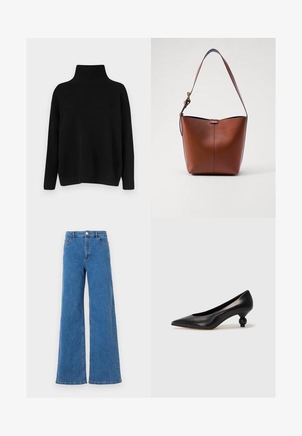 Juodas megztinis megztas, su aukštu ribuotu apykakliu, nuleistais pečiais ir laisvo silueto. Turi ribotas rankogalius ir apačią, suteikiančias tekstūros.; Platūs mėlynos džinsų kelnių blauzdos su aukšta juosmens linija, priekiniais kišenėmis ir mygtuko uždarymu. Audinys turi lygų paviršių ir klasikinių siūlių raštą.; Juoda odinė aukštakulnė bateliai su smailiu pirštu ir apvaliu, iškiliu kulnu. Lygus paviršius su elegantišku, minimalistiniu dizainu.; Ruda odinė petinė rankinė su kreivam formu, lygia tekstūra ir viena plona juosta. Yra švelni siūlė ir mažas logotipo elementas.