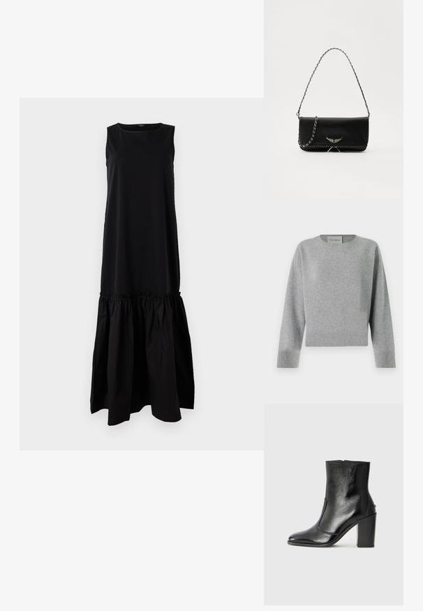 CLOSED CREW NECK WIDE SLEEVE - Svetr - light grey; Černé bezramínkové šaty s přiléhavým vrškem a rozšířenou, nařasenou spodní částí. Vyrobené z měkké tkaniny, s kulatým výstřihem a délkou po lýtka.; Černé kožené kotníkové boty s hladkou texturou, špičatou špičkou a robustním vysokým podpatkem. Mají boční otvor a minimalistický design.; Černá kožená kabelka se stříbrným řetízkovým popruhem, zdobená dekorativními křídly a bílým prošíváním podél spodního švu.