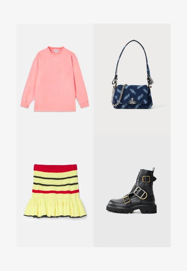 Long-sleeve shirt in coral pink, made of soft fabric. Features a round neckline and elasticated cuffs with "STIEGLITZ" printed on the chest.; Knit skirt in yellow with red, black, and dark gray stripes. Features a ruffled hem and ribbed texture at the waist.; Black leather ankle boot with chunky sole, featuring multiple straps and gold hardware accents. Smooth texture, rugged design.; Navy blue fabric handbag with a textured design, silver hardware, and a detachable chain strap. Features a flap closure and logo accent.