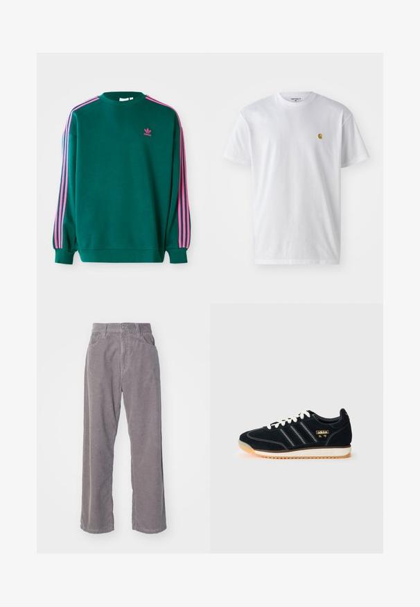 Žalias megztinis su ilgomis rankovėmis, apvaliu iškirpimu, rožinėmis trimis juostelėmis ant pečių ir mažu rožiniu logotipu ant krūtinės. Minkštas audinio paviršius.; Balta medvilnės marškinėliai su trumpomis rankovėmis, apvalia iškirpte, kuriuose kairėje krūtinės pusėje yra mažas auksinis logotipas. Minkšta tekstūra ir reguliari forma.; Pilkos kordūrų kelnės su plačiomis kojomis, pasižyminčios vertikaliu raštu, mygtuko uždarymu ir dviem priekiniams kišenėmis.; Juodų zomšinių sportbačių su baltais raišteliais, trimis baltomis juostelėmis šone, tekstūriniais akcentais ir guminiai padais, turinčiais šiek tiek oranžinės atspalvio.