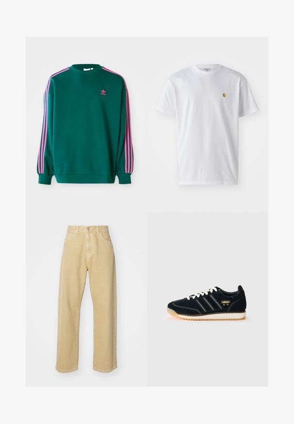 Vihreä huppari pitkillä hihoilla, pyöreällä kaula-aukolla, vaaleanpunaiset kolmiraitakorostukset harteilla ja pieni vaaleanpunainen logo rinnassa. Pehmeä kangas.; Valkoinen puuvillapaita lyhyillä hihoilla, pyöreä kaula-aukko, jossa on pieni kultainen logo vasemmassa rintapielessä. Pehmeä kangas ja normaali istuvuus.; Beige farkkuhousut suoralla lahkeella, joissa on viisi taskua, nappikiinnitys ja siisti helman viimeistely. Pehmeä rakenne.; Mustat mokkanahkakenkävalkoisilla nauhoilla, joissa on kolme valkoista raitaa sivussa, teksturoitua yksityiskohtaa ja kumipohja, joka on hieman oranssihtava.