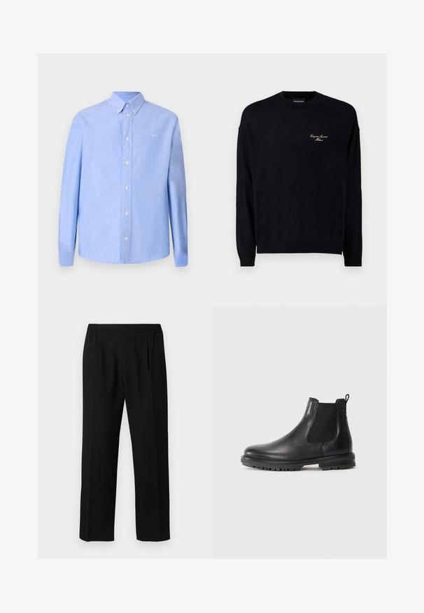 Maglione nero a maniche lunghe realizzato in un tessuto morbido, caratterizzato da un collo a giro e un piccolo logo ricamato in oro sul petto.; Camicia a maniche lunghe di colore azzurro chiaro realizzata in tessuto dalla superficie liscia. Presenta un colletto con bottoni e bottoni bianchi. Piccolo logo sul petto.; Polo a maniche lunghe di colore blu chiaro in tessuto texturizzato con colletto e apertura a due bottoni, con logo "BOSS" ricamato sul petto.; Pantaloni neri realizzati in un tessuto morbido, con vita elastica, design a gamba dritta e due pieghe frontali per un tocco di dettaglio.; Stivale Chelsea in pelle nera con pannelli elastici laterali, linguetta, punta arrotondata e suola robusta con scanalature per la trazione.