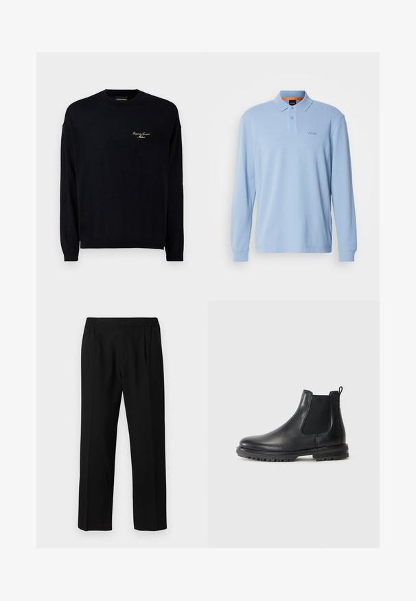 Melna garo piedurknu džemperis, izgatavots no mīksta auduma, ar apaļu kakla izgriezumu un mazu zeltītu izšuvumu uz krūtīm.; Gaiši zils garām piedurknēm polo krekls ar teksturētu audumu, ar apkakli un divu pogu aizdari, uz krūtīm ir izšūts "BOSS" logo.; Melnas bikses, izgatavotas no gludas auduma, ar elastīgu jostasvietu, taisnas kājas dizainu un divām priekšējām krokām papildus detaļām.; Melnas ādas Čelsijas zābaki ar elastīgām sānu paneļiem, vilkšanas cilpu, noapaļotu purngalu un izturīgu zoli ar gumijas protektora rievām.