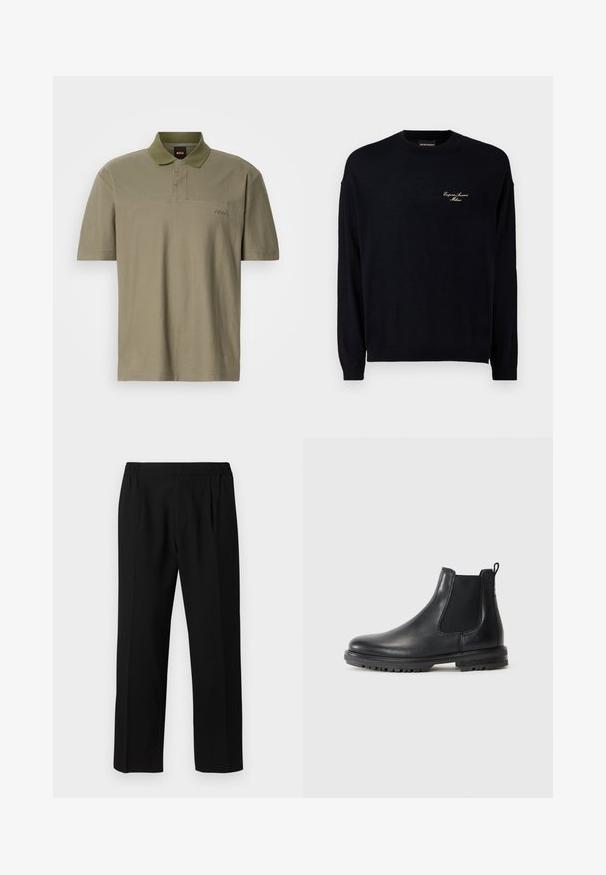 Čierny sveter s dlhými rukávmi vyrobený z mäkkej látky, s okrúhlym výstrihom a malým zlatým vyšitým logom na hrudi.; Olivovo zelené polo tričko, krátke rukávy, límci dizajn, jemná textúra, obsahuje malé vyšívané logo "BOSS" na ľavej strane.; Čierne nohavice z hladkej látky s elastickým pásom, rovnými nohavicami a dvoma prednými záhybmi pre pridanie detailu.; Čierna kožená Chelsea obuv s elastickými bočnými panelmi, sťahovacou pútkom, zaoblenou špičkou a robustnou podrážkou s trakčnými drážkami.