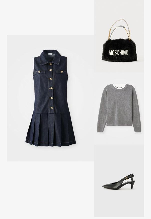 Grijze trui met lange mouwen, ronde halslijn en geribbelde manchetten en zoom. Heeft een gestructureerde stof en een klein logo op de borst.; Denim jurk met een kraag, mouwloos ontwerp, gouden knopen aan de voorkant, twee borstzakken en een geplooide rok van donkerblauwe stof.; Zwarte leren slingback pump met een puntige neus, kleine hak en een gesp detail op de enkelband. Glad textuur, minimalistisch ontwerp.; Zwarte nepbont handtas met gouden en zilveren kettinghandvatten. Bevat het "MOSCHINO" logo in het wit aan de voorkant. Zacht aanvoelend en rechthoekige vorm.