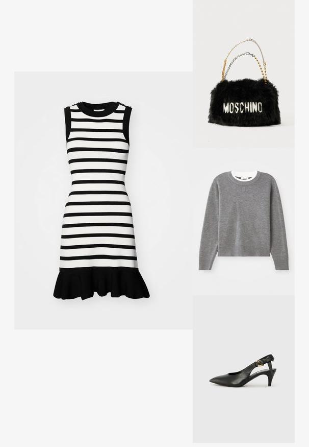 Sivi pulover s dugim rukavima, okruglim izrezom i rebrastim manžetama i rubom. Ima teksturiranu pleteninu i mali logo na prsima.; Prugasta haljina u crno-bijeloj boji s prilagođenim krojem, bez rukava, i raširenim crnim volanom na rubu; sadrži dekorativne metalne elemente na ramenima.; Crna kožna slingback cipela s uskim prstom, malim potpeticom i kopčom na remenu oko članka. Glatka tekstura, minimalistički dizajn.; Crna lažna krzna torba s zlatnim i srebrnim lancem za nošenje. Na prednjoj strani se nalazi bijeli "MOSCHINO" logo. Mekana tekstura i pravokutni oblik.
