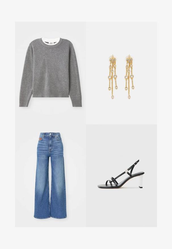 Harmaa neulepusero, jossa on pitkät hihat, pyöreä kaula-aukko sekä ribbireunat hihoissa ja helmassa. Teksturoitua neulosta, jossa on pieni logo rinnassa.; Korkeavyötäröiset leveälahkeiset farkut vaaleansinisestä denimistä, jossa on hieman kulutusta. Farkuissa on nappisulku ja nahkakoriste takavöissä.; Musta korolliset sandaalit, joissa on useita kapeita hihnoja, slingsback-muotoilu ja hopeinen yksityiskohta kantapään kohdalla. Sileä päällismateriaali ja neliömäinen korko.; Kultaketjua roikkuvat korvakorut, joissa on useita putoavia ketjuja, ja selkeitä ovaaleja rhinestone-akselteja sekä koristeelliset niittitoppaukset.