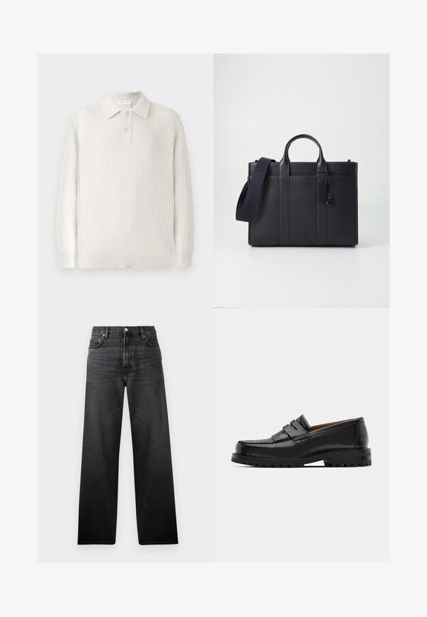 Light beige knitted polo sweater with ribbed texture, a collar, and two buttons. Features long sleeves and a fitted hem.; Black denim jeans with a straight-leg design, featuring five pockets and a button closure. The fabric has a slight sheen and visible texture.; Black leather loafers feature a raised seam, two decorative straps on the upper, and a thick textured sole for added grip.; Dark navy leather briefcase with dual top handles and a detachable strap. Features textured finish, vertical stitching, and logo detail.