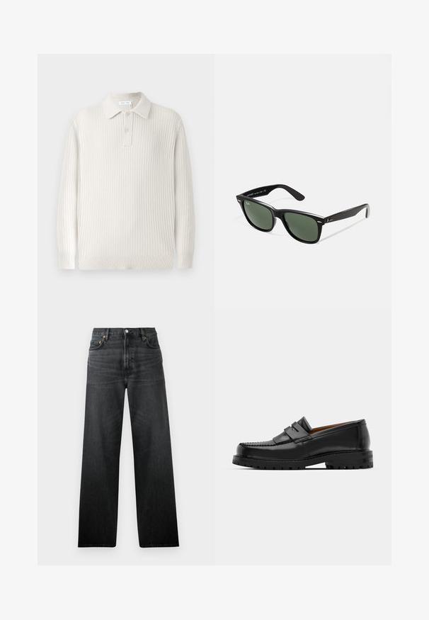 Jasno beżowy dziergany sweter polo o prążkowanej teksturze, z kołnierzykiem i dwoma guzikami. Posiada długie rękawy i dopasowane wykończenie.; Czarne dżinsy o prostym kroju, z pięcioma kieszeniami i zapięciem na guziki. Materiał ma lekki połysk i widoczną fakturę.; Czarne skórzane mokasyny mają wyraźny szew, dwa dekoracyjne paski na górze oraz grubą, teksturowaną podeszwę dla lepszej przyczepności.; Czarne plastikowe okulary przeciwsłoneczne z zielonymi szkłami, kwadratowe oprawki, srebrny akcent na brwi oraz fakturowane ramiona temple. Nazwa marki podana na wewnętrznej stronie ramion.