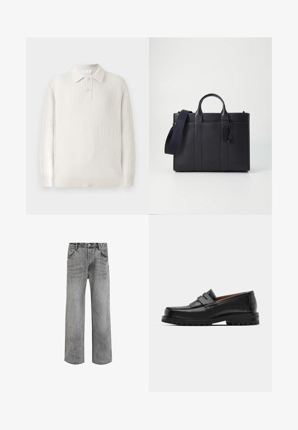 Pulover polo tricotat de culoare bej deschis, cu textură ribbed, o cravată și două butoane. Are mâneci lungi și un tiv ajustat.; Jeans din denim gri cu un design cu picioare drepte, talie înaltă, cinci buzunare și textură decolorată. Au un închizător cu buton și urechi pentru curea.; Mocasinii din piele neagră au o cusătură ridicată, două bare decorative pe partea superioară și o talpă groasă texturată pentru o aderență suplimentară.; Servietă din piele de culoare albastru închis, cu două mânere superioare și o curea detasabilă. Prezintă un finisaj texturat, cusături verticale și detalii cu logo.