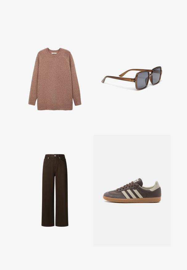 Pulover lung cu mânecă lungă, de culoare roz deschis, realizat dintr-un material moale și texturat. Are guler tip crew și tivuri și manșete cu nervuri. Design simplu, neornamentat.; Pepe Jeans LEXA - Blugi drepți - chocolate brown; Tenisi din piele maro cu trei dungi de culoare deschisă, talpă din cauciuc de tip gumă, vârf rotunjit și accente din suede texturat la călcâi și vârf.; Ochelari de soare pătrați cu nuanță maronie și lentile gri, având un cadru transparent și brațe elegante, curbate, cu detalii subtile de accent.