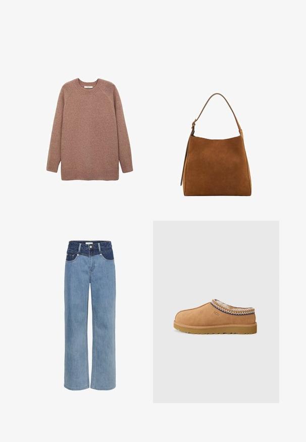 Svetle růžový svetr s dlouhým rukávem vyrobený z měkkého, strukturovaného materiálu. Má kulatý výstřih a žebrovaný lem a manžety. Jednoduchý, nezdobený design.; Světlé modré džíny s širokými nohavicemi, vysokým pasem, designem pěti kapes a kontrastní tmavě modrou nášivkou na přední straně.; Béžová semišová nazouvací bota s texturovanou vlněnou podšívkou a dekorativním etnickým prošíváním kolem kotníku. Má gumovou podrážku.; Hnědá semišová kabelka přes rameno s klenutým vrchem, jediným popruhem a hladkým povrchem. Vyznačuje se minimalistickým designem a čistými liniemi.