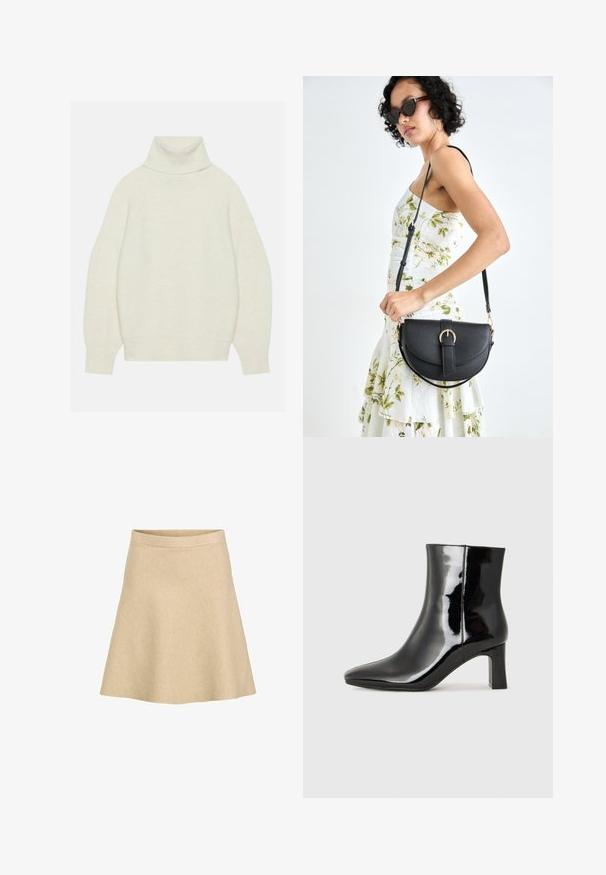 Kremskrāsas augstā apkakle džemperis, izgatavots no mīksta trikotāžas materiāla. Ievērojama brīvā piegrieznē, raglansvārku piedurknēm un ribota apakšmala un piedurknes.; Beige, izplūdušs svārki, izgatavoti no teksturēta auduma ar augstu jostasvietu un gludu apakšmalu, veidoti vienkāršai un tīrai siluetam.; Melnas patentētas ādas potīšu zābaki ar norādītu pirkstu un vidēja augstuma kvadrātveida papēdi. Gluda tekstūra un minimālisma dizains.; Melnas ādas rokassoma ar izliekta formu, noņemamu siksnu un zelta aksesuāriem. Somai ir vāciņš ar sprādzes detaļu.