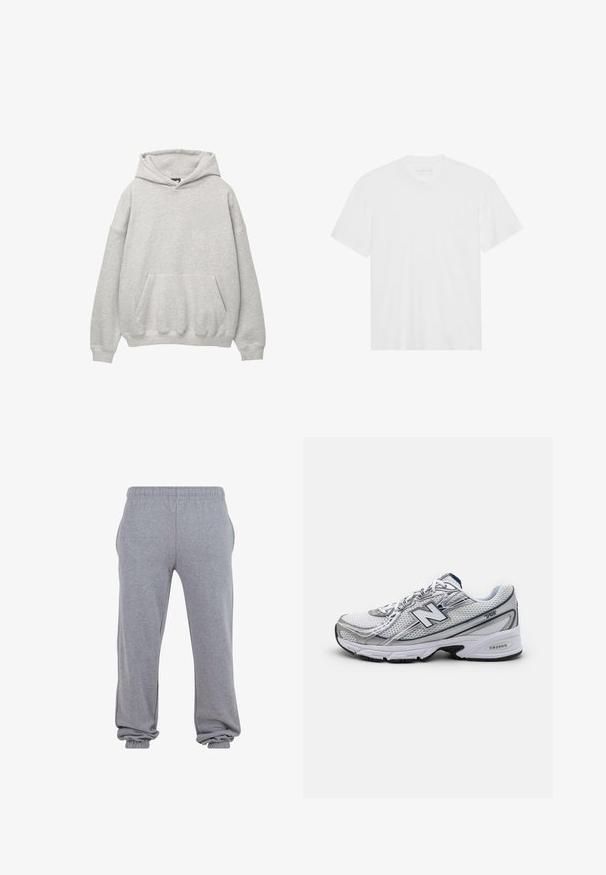 Grijze hoodie van zacht terry stof, met een grote voorzak, een capuchon met trekkoord en verlaagde schouders voor een relaxte pasvorm.; Witte katoenen t-shirt met korte mouwen, ronde hals en rechte zoom. Gladde textuur, minimalistisch ontwerp zonder patrons of accenten.; Grijze sweatpants gemaakt van zachte stof, met een elastische tailleband, zijzakken en taps toelopende boorden bij de enkels voor een ontspannen pasvorm.; New Balance sportieve schoen met een bovenwerk van mesh, voornamelijk wit met grijze en marineblauwe accenten, voorzien van een gevoerde zool en textuurdetails.