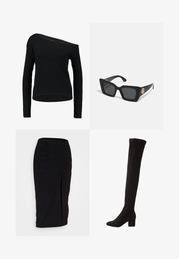 Schwarzer Strickpullover mit asymmetrischem Ausschnitt, langen Ärmeln und geripptem Textil mit lockerer Passform und Saum.; Schwarzer, geraffter Bleistiftrock mit Bindegürtel und seitlichem Schlitz. Hergestellt aus einem dehnbaren Stoff, mit glatter Textur und figurschmeichelndem Design.; Schwarze Over-the-knee Stiefel aus Wildleder mit Blockabsatz, die eine glatte Textur und ein eng geschnittenes Design haben, das über das Knie reicht.; Schwarze quadratische Sonnenbrille mit dunklen Gläsern und glänzenden schwarzen Bügeln. Verfügt über einen goldenen kreisförmigen Hardware-Akzent an der Seite. Insgesamt glatte Textur.; Roségold-Armband mit zwei ineinandergreifenden Bändern, von denen eines mit einer Reihe von Diamanten verziert ist, und einer schlanken Oberfläche mit glatten Kanten.