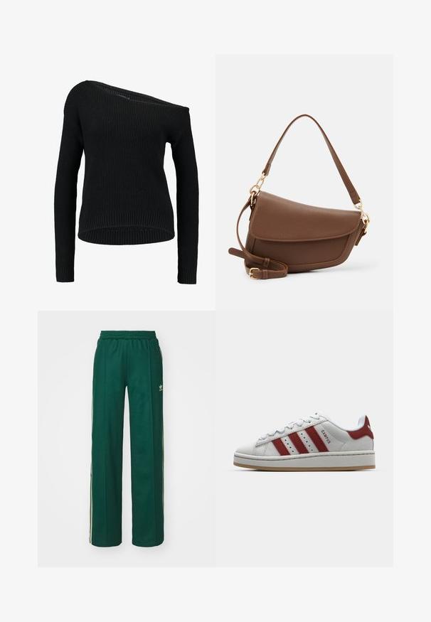Crni pleteni pulover s asimetričnim izrezom, dugim rukavima i rebrastom teksturom, opuštenog kroja i rubom.; Tamne tamnozeleni atletski hlače s opuštenim krojem, s pojasom na vezanje, bočnim džepovima i krem trakama duž strana.; Bijele suede tenisice s tri crvene pruge, okrugli vrh, ravni đon i podstavljenim ovratnikom. Sadrži tekst "CAMPUS" sa strane.; Smeđa kožna torba za rame s teksturiranim završetkom, zakrivljenim oblikom, zlatnim hardverom, podesivim remenom i zatvaranjem na preklop.