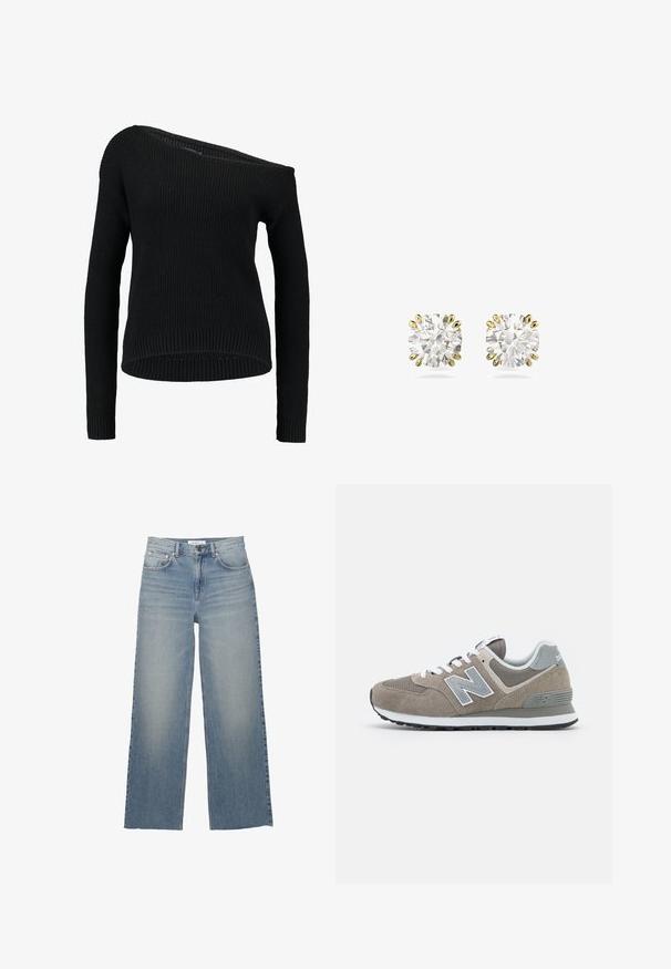 Pulover tricotat negru, cu un gât asimetric, mâneci lungi și textură ribată, cu o croială lejeră și o linie de tiv relaxată.; Jeans de blugi de culoare albastru deschis, cu picioare largi, realizate din denim, având talie înaltă, buzunare frontale și închidere cu nasture. Textură netedă cu zone estompate.; Adidași din suede maro cu accente din plasă gri, șireturi albe și un logo gri 'N'. Talpa din cauciuc are un model ușor de profil pentru aderență.; Cercei din diamant cu pietre tăiate rotund, montați în prinderi din aur galben cu șase colți, având o suprafață transparentă și strălucitoare.