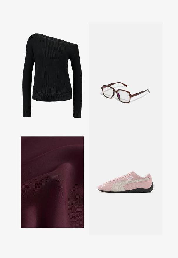 Schwarzer Strickpullover mit asymmetrischem Ausschnitt, langen Ärmeln und geripptem Textil mit lockerer Passform und Saum.; Next ELASTICATED BACK WIDE REGULAR FIT - Stoffhose - burgundy red; Rosa Wildledersneaker mit grauen Akzenten, stromlinienförmigem Design, strukturiertem Obermaterial und schwarzer Gummisohle. Mit dem Puma-Logo an der Seite.; Braune, rechteckige Brille mit transparenten Gläsern und lila Tönungen. Glatter Kunststoffrahmen mit geraden Bügeln und dezenten Akzenten.; Rote Lederhandtasche mit floralem Applikationsdesign, geschwungener Form und einem kurzen Griff. Silberne Hardware und der Markenname "Desigual" sind gut sichtbar.