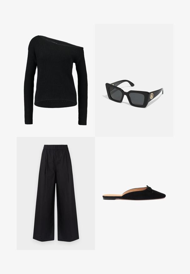 Crni pleteni pulover s asimetričnim izrezom, dugim rukavima i rebrastom teksturom, opuštenog kroja i rubom.; Crne široke hlače od glatke tkanine, s elastičnom strukom i bez vidljivih džepova ili detalja od hardvera.; Crne suede cipele bez pete s oblikovanim vrhom i malom ukrasnom mašnom na prednjem dijelu, s ravnim potplatom i otvorenim stražnjim dijelom.; Crne sunčane naočale kvadratnog oblika s tamnim lećama i sjajnim crnim okomitim drškama. Imaju zlatni okrugli dodatak sa strane. Ukupna površina je glatka.