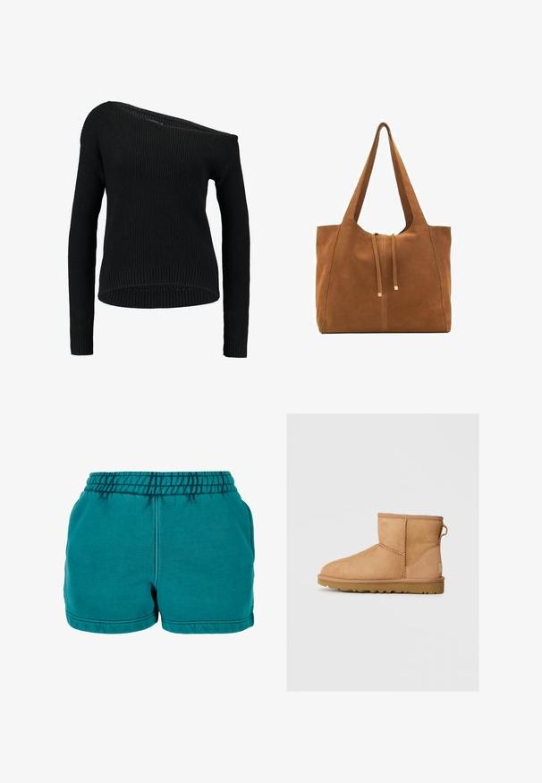 Čierny pletený sveter s asymetrickým výstrihom, dlhými rukávmi a rebrovanou textúrou, ktorý má voľný strih a lem.; Tyrkysové bavlnené šortky s elastickým pásom, bočnými vreckami a prešitými detailmi na leme. Hladká textura a neformálny dizajn.; Svetlohnedé semišové členkové topánky s okrúhlou špičkou, prešívaním, pútkom na zadnej strane a textúrovanou gumovou podrážkou. Navrhnuté pre pohodlie a teplo.; Hnedá semišová taška cez rameno s dvoma dlhými popruhmi, sťahovacou šnúrkou a minimalistickým dizajnom. Hladký povrch a žiadne viditeľné kovové doplnky.