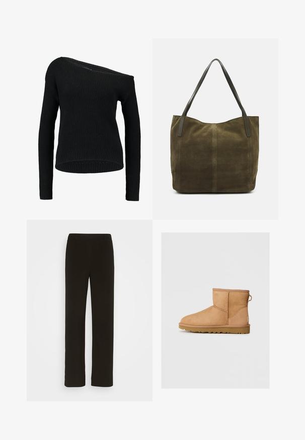 Mustat neulepusero, jossa on epäsymmetrinen kaula-aukko, pitkät hihat ja ribbikuviointi. Pusero on rento ja siinä on löysä helma.; Mustat, suorat housut, jotka on valmistettu kudotusta kankaasta. Housuissa on litteä etuosa, kaksi sivutaskua ja sileä pinta. Ei näkyviä kuvioita tai yksityiskohtia.; Ruskean mokkasandaalit pyöreällä kärjellä, ommelluilla yksityiskohdilla, takana vetotappi ja teksturoidulla kumipohjalla. Suunniteltu mukavuutta ja lämpöä varten.; Oliivivihreä mokkakankainen laukku, jossa on kaksi nahkakahvaa, pehmeä rakenne, keskelle ommeltu yksityiskohta ja avonainen yläosa.