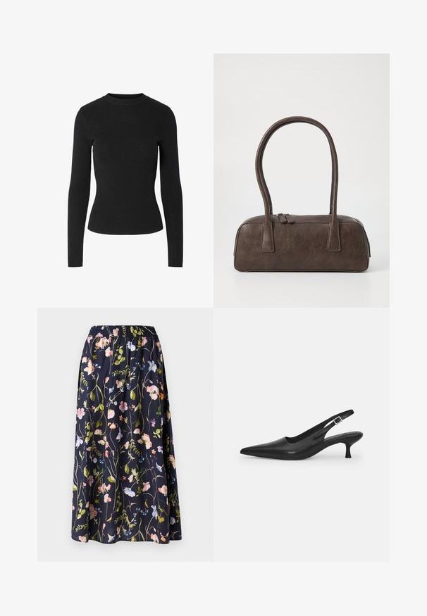 Svart ribbestrikket genser med lange ermer, rund hals og tettsittende silhuett, med en jevn tekstur over hele plagget.; Marineblomstrete skjørt med elastisk midje, med et trykk av rosa, blå og grønne blomster på et teksturert stoff.; Svart lær slingback sko med spiss tå og smal, buet hæl. Har en diskret justerbar rem med en metallspenne.; Brun lærveske med to robuste håndtak, rektangulær form, jevn tekstur og glidelås. Minimalistisk design uten synlige mønstre.