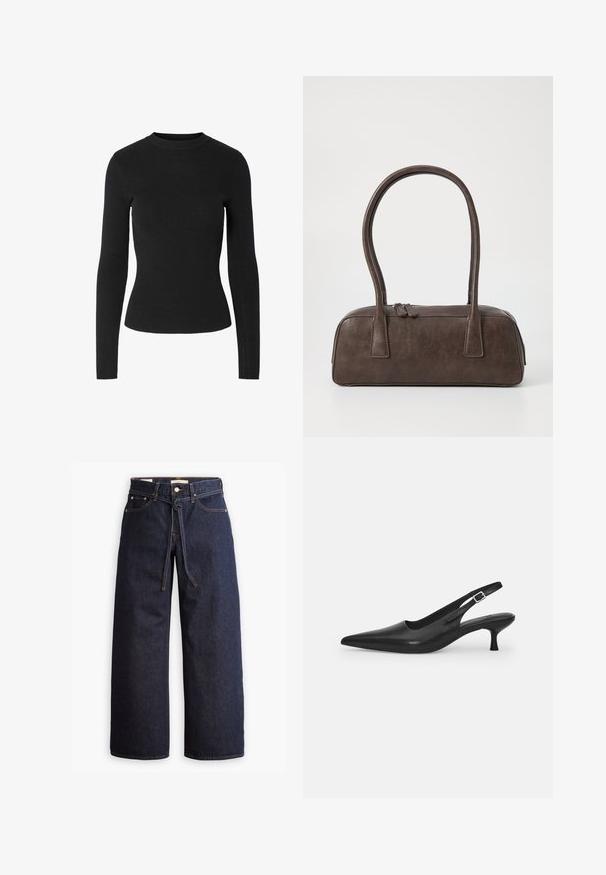 Musta, ribbineulottu pitkähihainen neule, jossa on pyöreä pääntie ja istuva siluetti; neuleen pinta on sileä ja yhtenäinen.; Korkeavyötäröiset tummansiniset leveälahkeiset farkut, joissa on narunauhakuja, viisi taskua ja kontrastiväriset ompeluseikat.; Mustan nahkainen slingback-kengät, joissa on terävä nenä ja kapea, kaareva korko. Varustettu huomaamattomalla säädettävällä hihnalla, jossa on metallinen solki.; Ruskea nahkalaukku, jossa on kaksi tukevasti kantavaa kahvaa, suorakaiteen muotoinen, sileä pinta ja vetoketjukiinnitys. Minimalistinen muotoilu ilman näkyviä kuvioita.