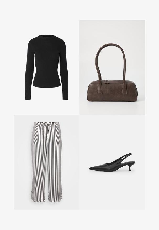Musta, ribbineulottu pitkähihainen neule, jossa on pyöreä pääntie ja istuva siluetti; neuleen pinta on sileä ja yhtenäinen.; Kroppade byxor med dragsko i midjan, med vertikala marinblå och vita ränder, visade mot en helt vit bakgrund.; Mustan nahkainen slingback-kengät, joissa on terävä nenä ja kapea, kaareva korko. Varustettu huomaamattomalla säädettävällä hihnalla, jossa on metallinen solki.; Ruskea nahkalaukku, jossa on kaksi tukevasti kantavaa kahvaa, suorakaiteen muotoinen, sileä pinta ja vetoketjukiinnitys. Minimalistinen muotoilu ilman näkyviä kuvioita.