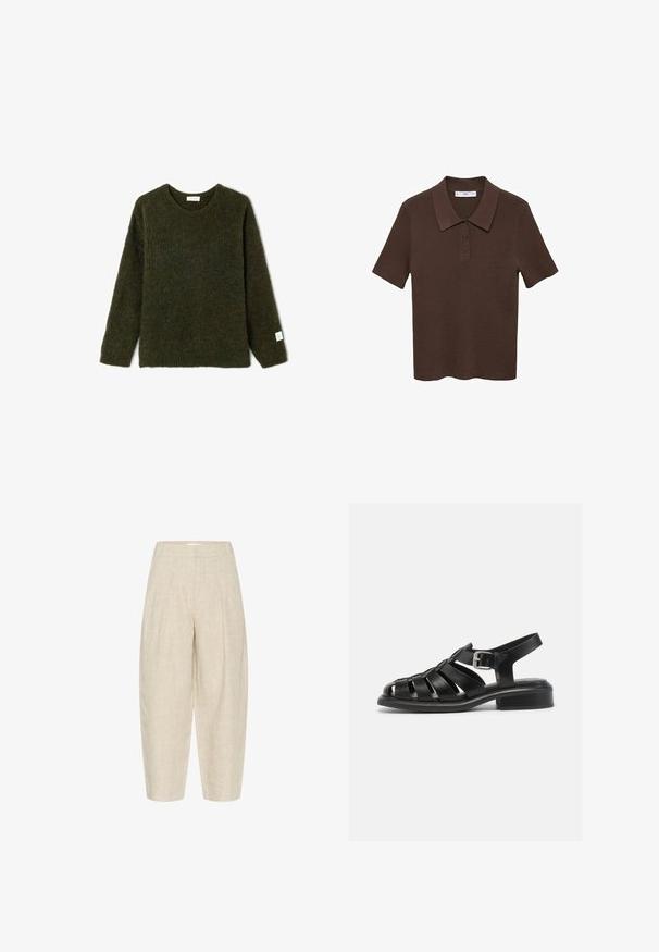 Tmavozelený pletený sveter s okrúhlym výstrihom a dlhými rukávmi. Má textúrovanú látku a malú nášivku na okraji ľavého rukáva.; Hnedý polo tričko s krátkym rukávom vyrobené z rebrového materiálu s golierom a zapínaním na tri gombíky. Má jednotnú farbu a uvoľnený strih.; Bežové ľanové nohavice s voľným strihom, so záhybmi v páse, skrátenou dĺžkou a textúrovanou tkaninou.; Čierne kožené sandále s remienkovým dizajnom, otvorenou špičkou a prackou na členku. Majú nízky blokový opätok a hladký, matný povrch.