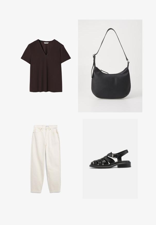 Donkergroen gebreide trui met een ronde halslijn en lange mouwen. Heeft een gestructureerde stof en een klein label op de onderrand van de linkermouw.; Donkerbruine t-shirt van zacht stof, met een diepe V-hals, korte mouwen en een rechte zoom met subtiele stikdetails.; Crème-kleurige denim jeans met een losse pasvorm, vijf zakken, koperen hardware en ton-sur-ton stiksels. Voorzien van een knoopsluiting en riemlussen.; Zwarte leren sandalen met een gestructureerd ontwerp, open teen en enkelgesp. Kenmerken een lage blokhak en een gladde, matte textuur.; Zwarte leren schoudertas met een gebogen vorm, ritssluiting en verstelbare band. Heeft nu ook reliëfbranding aan de voorkant.