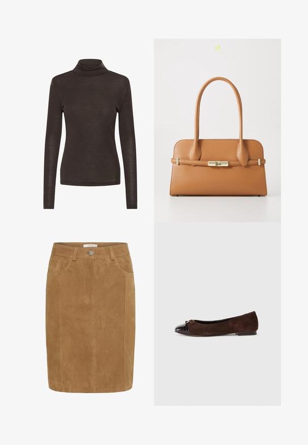 Barna hosszú ujjú garbó póló, slim fit kivitelben, könnyű, enyhén áttetsző anyagból készült.; Barna velúr ceruza szoknya sima felülettel, elülső zsebekkel, gombos záródással és függőleges varrás részletekkel.; Barna velúr balettcipők fényes sötétbarna lakkbőr orral és egy kis masni díszítéssel az elején. Lapos sarkúak.; Barna bőr kézitáska, strukturált dizájnnal, dupla fogantyúkkal és arany színű záródással. Simára csiszolt felület lekerekített sarkakkal.