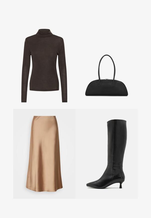 Brūns garām piedurknēm turtlenecks krekls ar šauru piegriezumu, izgatavots no viegla, nedaudz caurspīdīga auduma.; Satin midi svārki gaišā brūnā krāsā ar gludu, plūstošu siluetu, vieglu spīdumu un nedaudz platu apakšmalu.; Zign Zābaki - black; Melnas ādas rokassoma ar izliekumu, divām garām rokturiem un sudraba piederumiem. Gluda tekstūra bez redzamām rakstām vai akcentiem.; Zelta riņķveida auskari ar tekstūru un neregulāru formu. Iekļauj bezšuvju aizdari un pulētu virsmas apdari, uzsverot mūsdienīgu dizainu.