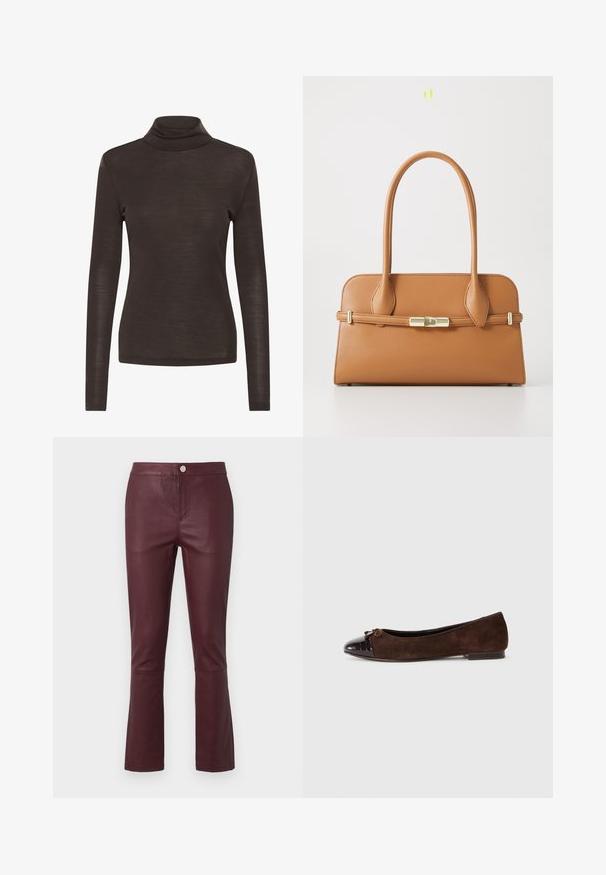 Maglietta a maniche lunghe color marrone con collo alto, dal taglio slim, realizzata in un tessuto leggero e leggermente trasparente.; Pantaloni in ecopelle bordeaux con vestibilità aderente, fondo svasato, tasche frontali e chiusura con bottone metallico in vita. Texture liscia.; Ballerine in suede marrone con punta in vernice lucida marrone scuro e un piccolo fiocco sul davanti. Tacco basso.; Borsa a tracolla in pelle color tan con un design strutturato, manici doppi e un dettaglio di chiusura in tono oro. Superficie liscia con angoli arrotondati.