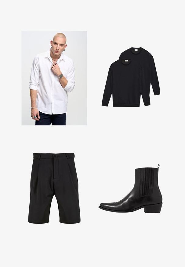 Schwarze Baumwoll-Sweatshirts mit Rundhals, langen Ärmeln sowie gerippten Bündchen und Säumen, die in einer gestapelten Anordnung präsentiert werden.; Weißes Langarmhemd mit Knöpfen und Kragen, mit einem roten Akzent, kombiniert mit blauen Jeans. Mit Schmuck und einer Uhr accessoriert.; Schwarze Shorts aus einem glatten Stoff mit einem maßgeschneiderten Design, ausgestattet mit einem knöpfbaren Verschluss vorne, Falten und Seitentaschen.; Schwarze Leder- ankle boot mit spitzem Zehenbereich, elastischen Seitenpaneelen, vertikalen Steppnähten und einem niedrigen Blockabsatz.
