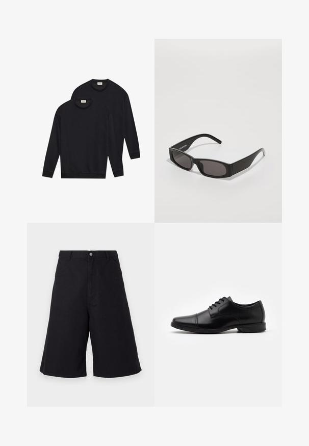 Črne bombažne puloverje s kapuco, s krožnim izrezom, dolgimi rokavi ter z rebrastimi manšetami in robovi, prikazane v zloženem načinu.; Črne bombažne kratke hlače ravnega kroja, ki imajo sprednje žepe, gumbasto zapiranje in teksturo primerno za sproščeno nošenje.; Črne usnjene oblečne čevlje s koničastim nosom, vezalkami, subtilnimi šivi in nizkim, teksturiranim gumijastim podplatom.; Črne pravokotne sončna očala s temnimi lečami, gladkim plastičnim okvirjem in subtilnim logotipom na levem ročaju. Minimalistična zasnova.