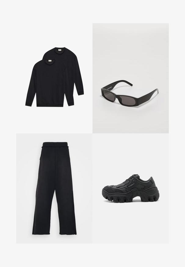 Sorte bomulds-sweatshirts med rund halsudskæring, lange ærmer samt ribstrikkede manchetter og nederste kant, præsenteret i en stak.; Sorte sweatpants med elastisk talje, vide ben og sidelommer. Fremstillet af blød stof med en glat tekstur.; Sort chunky sneaker med tyk sål, teksturerede sideoverlejringer, snørebånd foran og mærkenavnet "ROMBAUT" på sidepanelet.; Sorte rektangulære solbriller med mørke linser, en glat plastikramme og et subtilt logo på venstre arme. Minimalistisk design.