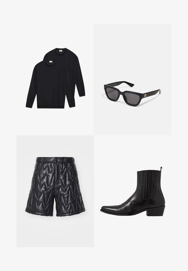 Sorte bomulds-sweatshirts med rund halsudskæring, lange ærmer samt ribstrikkede manchetter og nederste kant, præsenteret i en stak.; Sorte quiltede shorts lavet af blank, polstret stof. Har en lynlås i skridtet, frontlommer og et zigzag-stikmønster på overfladen.; Sort læder ankelstøvle med spids tå, elastiske sidepaneler, lodrette stikninger og en lav blokhæl.; Sorte rektangulære solbriller med en blank finish, mørke linser og guldhardware på templet med logoen.