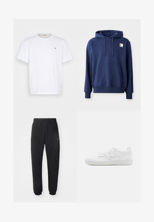 Marineblaue Kapuzenjacke aus weichem Material. Hat eine Fronttasche, eine verstellbare Kapuze mit Kordelzug und ein kleines Logo auf der oberen linken Seite.; Calvin Klein Jeans Plus PLUS EMBRO BADGE TEE - T-Shirt basic - bright white; Schwarze Sweatpants aus weichem Material mit elastischem Bund, Kordelzug und schmal zulaufenden Bündchen, die auf der Seite ein dezentes Logo zeigen.; Weiße Sneaker aus glattem Leder, mit perforierter Zehenpartie, einer strukturierten Gummisohle, flachen Schnürsenkeln und einem auffälligen 'N'-Logo an der Seite.