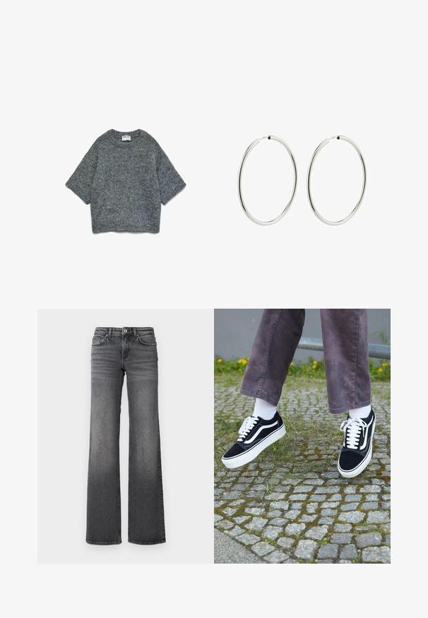 Pull en tricot gris avec un col rond, des manches courtes et une coupe décontractée. Texture douce avec un motif subtil sur l'ensemble.; Jean en denim gris foncé à jambe droite avec une légère décoloration sur les cuisses et un design standard à cinq poches sur fond blanc.; Baskets en suède noir avec des accents blancs, présentant un bout rond, une semelle blanche épaisse et un design classique à lacets, portées avec des chaussettes blanches et un pantalon violet.; Boucles d'oreilles en argent en forme d'anneau avec une finition lisse et polie. Forme circulaire, largeur constante, conçues pour une fermeture facile. Simples et élégantes.