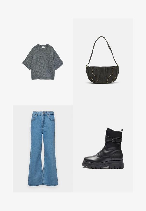 Siv pulover pleten z okroglim izrezom, kratkimi rokavi in sproščenim krojem. Mehak material z diskretnim vzorcem po celotni površini.; Svetlo modri razširjeni džins hlače iz denima, z visokim pasom, petimi žepi in enim gumbom za zapiranje. Mehka tekstura z blagim zbledelim videzom.; Črne usnjene gležnjarje s zaobljenim prstom, vezalkami na sprednji strani, zadrgo na strani in debelim gumijastim podplatom.; Črna semiš torbica s ukrivljeno zasnovo, opremljena z nitnimi poudarki in teksturirano površino. Nastavljiv trak z zakovicami vzdolž roba.