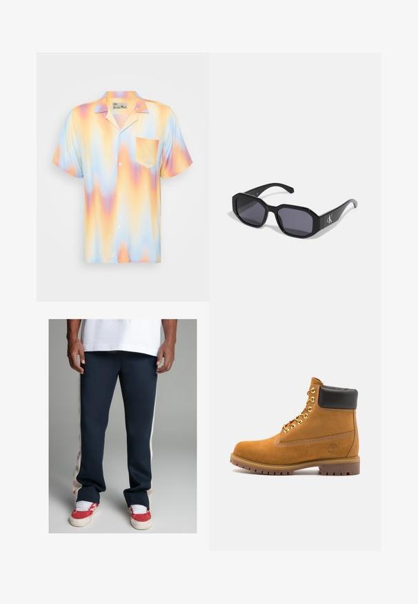 Hosszú ujjú, bordás kötésű pulóver fekete és fehér függőleges csíkokkal és magas bordás nyakkivágással, vízszintesen elhelyezve világos háttéren.; Rövid ujjú gombos ing pasztell színű, rózsaszín, sárga és kék árnyalatú átmeneti mintával; mellzsebbe és gallérja is van.; Sötétkék melegítő nadrág krém színű oldalsó betétekkel. Simaságot biztosító anyagból készült, bal combján hímzett logóval és keskenyített fazonnal.; Barna velúr bokacipő fekete párnázott gallérral, arany fém fűzőlyukakkal, fehér varrási részletekkel és durva gumitalppal, amelynek kifejezett barázdái vannak.; Fekete napszemüveg, nyolcszögletű kerettel, sötét lencsékkel, fényes műanyagból készült, és egy ezüst logós kiegészítővel az egyik oldalon.