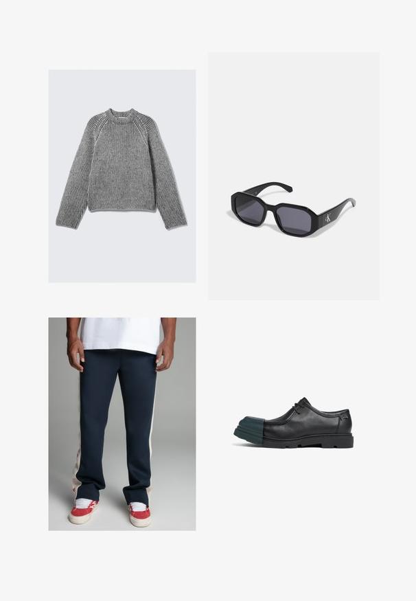 Sweter z długim rękawem, dzianiny prążkowanej, w czarno-białe pionowe paski i wysokim, prążkowanym dekoltem, rozłożony na jasnym tle.; Granatowe spodnie dresowe z kremowymi bocznymi panelami. Wykonane z gładkiego materiału, z haftowanym logo na lewej udzie i zwężanym krojem.; Czarny skórzany but z okrągłym noskiem z zielonym gumowym nałożeniem. Zaprojektowany z gładkim wykończeniem oraz grubą, teksturowaną podeszwą.; Czarne okulary przeciwsłoneczne w ośmiokątnym kształcie, z ciemnymi soczewkami, błyszczącym plastikowym materiałem i srebrnym akcentem z logo z jednej strony.