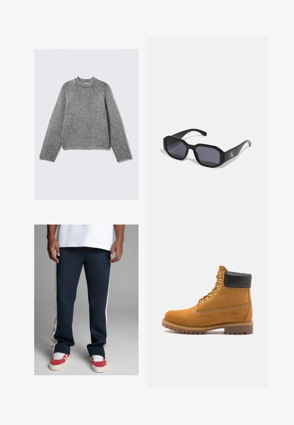 Ilgas rankoves, ilgais mezgimo megztinis su juodai baltomis vertikaliomis juostelėmis ir aukšta raštuota kaklo linija, išlygintas ant šviesaus fono.; Tamsiai mėlynos laisvalaikio kelnės su kreminėmis šoninėmis juostomis ir subtiliu logotipu kairėje kojoje. Medžiaga yra lygi, pritaikyta laisvalaikiui, su susuktais kraštais.; Tan spalvą turintys suknelės batus iki kulkšnies su juodu paminkštintu apvadu, auksiniais metaliniais akių užsegimais, baltais siūlų dekoratyviniais elementais ir tvirtu guminiu padu su ryškiai išreikštais raštais.; Juodi akiniai nuo saulės su aštuonkampiu rėmu, tamsiais lęšiais, blizgiais plastikiniais matiniais ir sidabriniu logotipo akcentu vienoje pusėje.