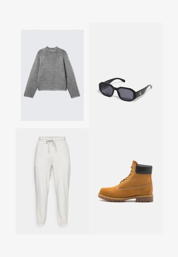 Pulover s dugim rukavima, rebrastog pletenja s crno-bijelim okomitim prugama i visokim rebrastim ovratnikom, položen ravno na svijetloj pozadini.; Svijetlosive trenirke s elastičnim pojasom, vezicom i suženim rukavima. Izrađene su od meke, teksturirane tkanine. Nema vidljivih uzoraka.; Antracitne antilop čizme do gležnjeva s crnim podstavljenim ovratnikom, zlatnim metalnim rupicama, bijelim šavovima i robusnom gumenom potplatom s izraženim šarama.; Crne sunčane naočale s osmerokutnim okvirom, tamnim lećama, sjajnim plastičnim materijalom i srebrnim logotipom s jedne strane.