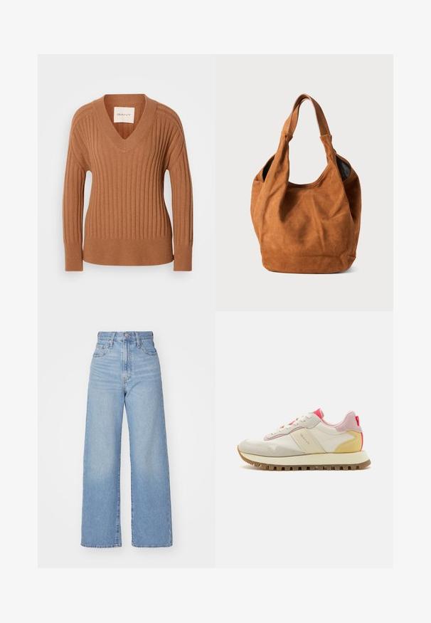 Pronksitoonis kootud sviiter V-kaelusega, ribitud tekstuuri, pikkade varrukate ja ühtlase hemiga. Sildil on kirjas "GANT."; Heledad sinine kõrge vöökohaga laiad teksad, ees nupp ja tõmblukk, ees ja taga taskud, valge tausta peal.; Kreemijuhtega nahast ülemine, roosa seemisnahkdetailide ja kollase kandiga tennised, millel on kummist tallapind ja valged stringsid.; Pruun nubukist õlakott pehme tekstuuri, kumeriku kuju ja kahe käepideme ning minimaalsete joontega. Funktsioneerib ilma nähtava riistvara või aksessuaarideta.