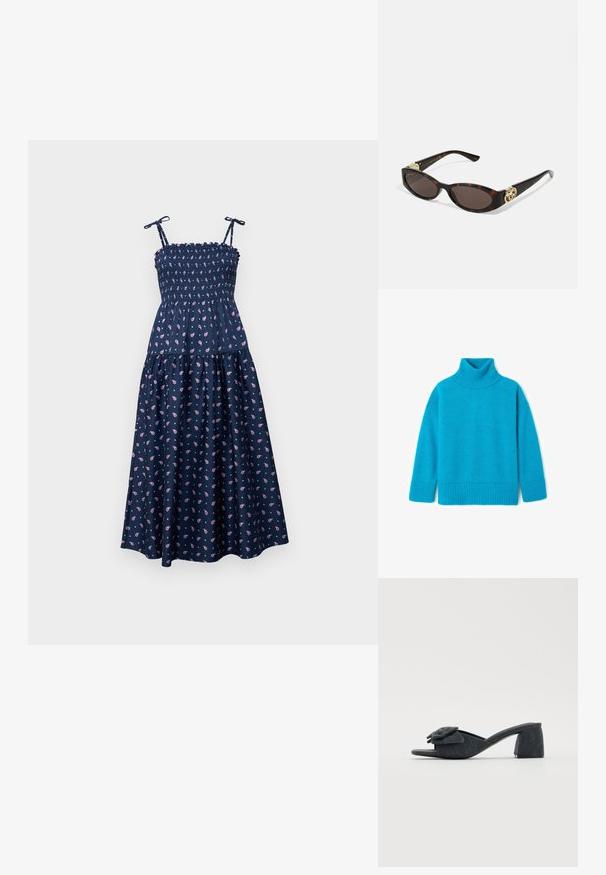 Tyrkysový svetřík s rolákem z měkké látky, s žebrovaným výstřihem a manžetami, s uvolněným střihem a lehce strukturovaným povrchem.; kate spade new york PAISLEY FOULARD SMOCKED DRESS - Denní šaty - french navy; Černé sandály na podpatku s otevřenou patou, s květinovým detailem na pásku, uzavřenou špičkou, texturovaným svrškem a zakřiveným, silným blokovým podpatkem.; Brýle sluneční s kočičím vzorem, prodloužené oválné čočky, hnědý odstín, zlaté logo na spáncích a elegantní černé nožičky.